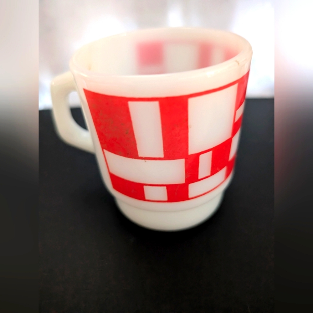 Vintage Fire King Red Abstract Design Coffee Mug rectangles squares